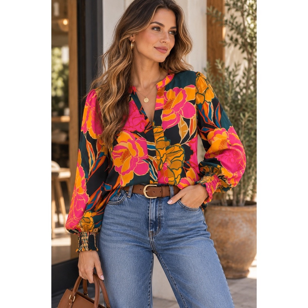 Bold Whimsy Floral Blouse Boho Botanical Artsy Statement Top Pink Chic Sz M
